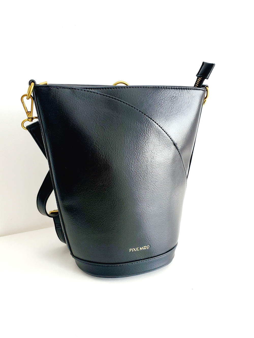 Pixie Mood Black Structured Bucket Crossbody/Backpack with Gold Hardware